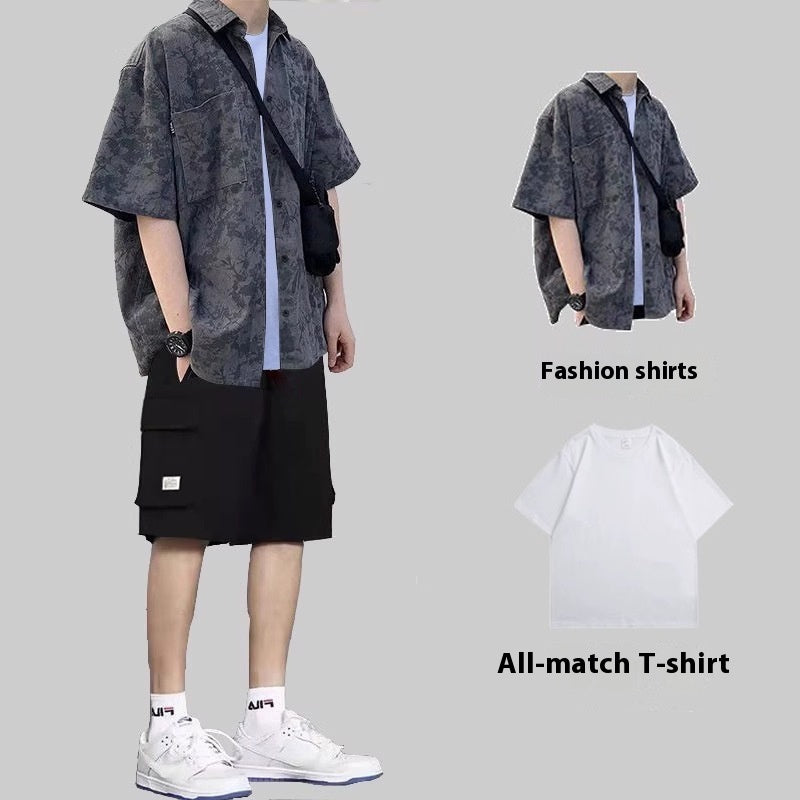 Summer Hong Kong Style Short Sleeve Shirt Coat Shorts Three-piece Suit - Shirt White Short T Two Pieces / S