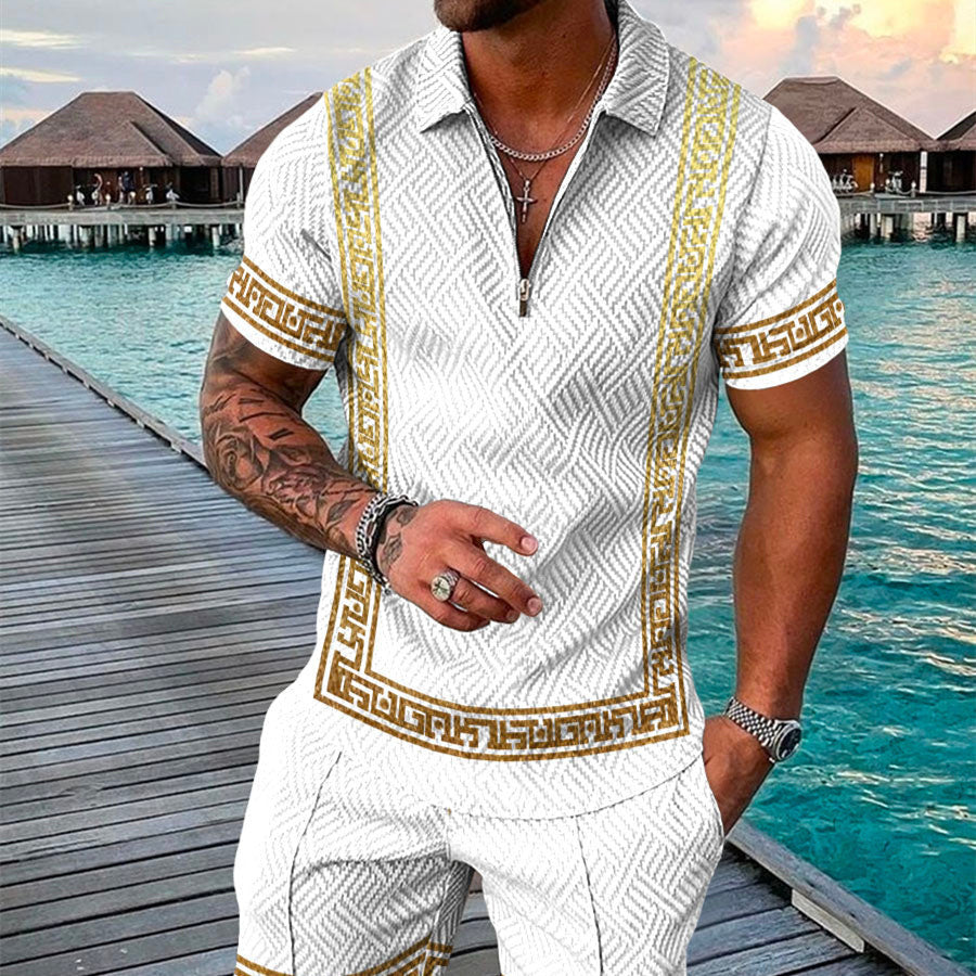 Men’s Summer Fashion 3D Printed Short Sleeve Geometric Zip Lapel Shirt Set