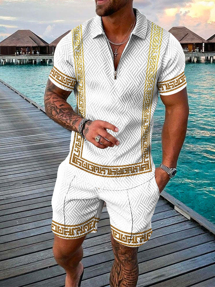Men’s Summer Fashion 3D Printed Short Sleeve Geometric Zip Lapel Shirt Set - White / S