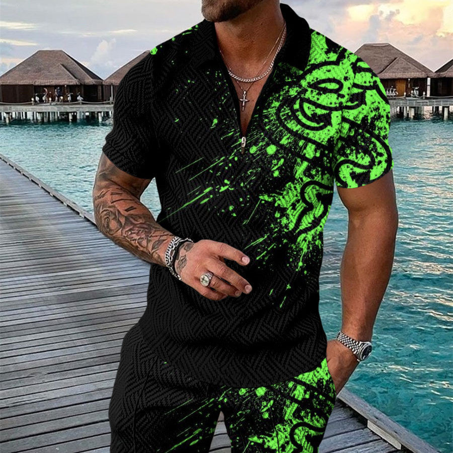 Men’s Summer Fashion 3D Printed Short Sleeve Geometric Zip Lapel Shirt Set