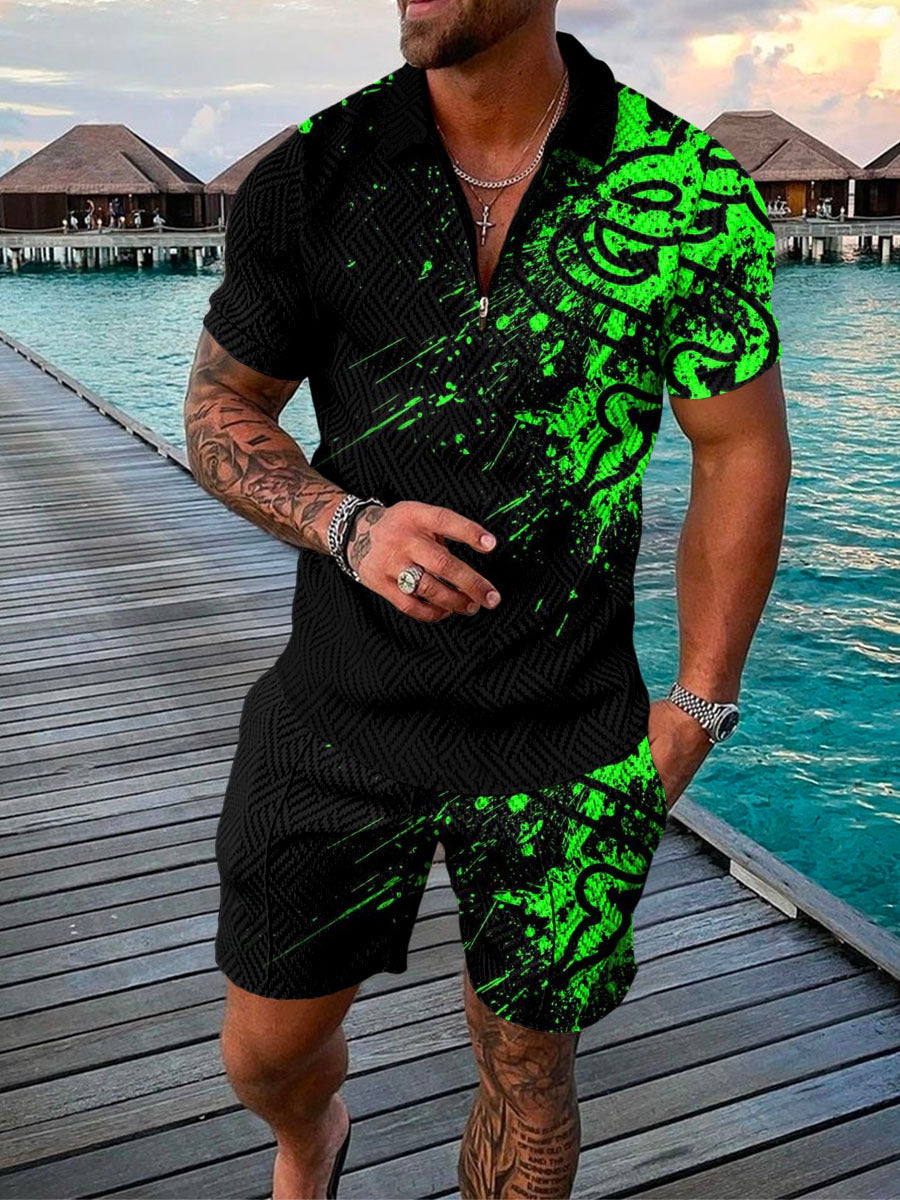 Men’s Summer Fashion 3D Printed Short Sleeve Geometric Zip Lapel Shirt Set - Green / S