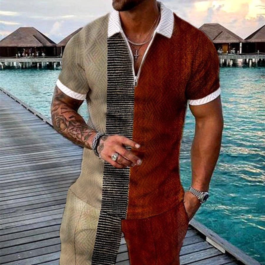 Men’s Summer Fashion 3D Printed Short Sleeve Geometric Zip Lapel Shirt Set