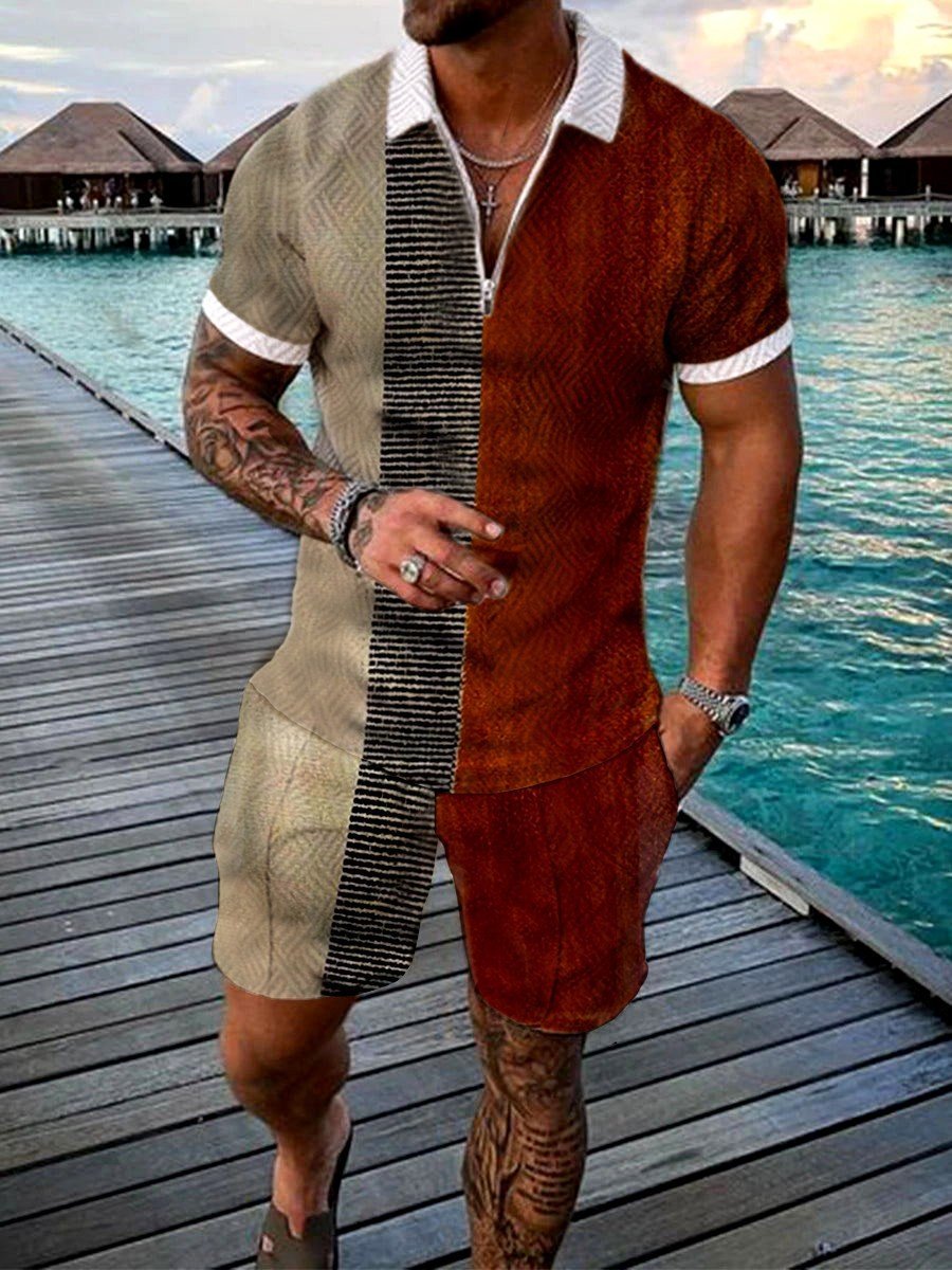 Men’s Summer Fashion 3D Printed Short Sleeve Geometric Zip Lapel Shirt Set - Photo Color / S