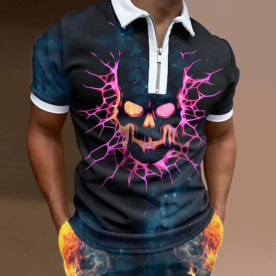 Men’s Summer Fashion 3D Printed Short Sleeve Geometric Zip Lapel Shirt Set