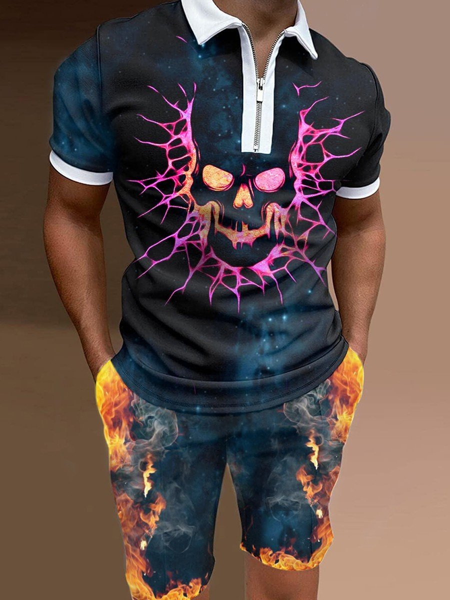 Men’s Summer Fashion 3D Printed Short Sleeve Geometric Zip Lapel Shirt Set - Black / S