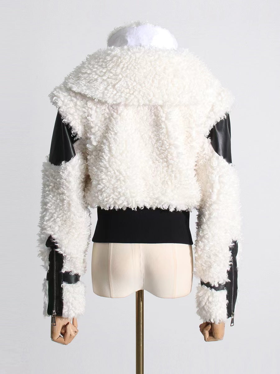 Women’s Lamb Wool Stitching PU Leather Zipper Jacket