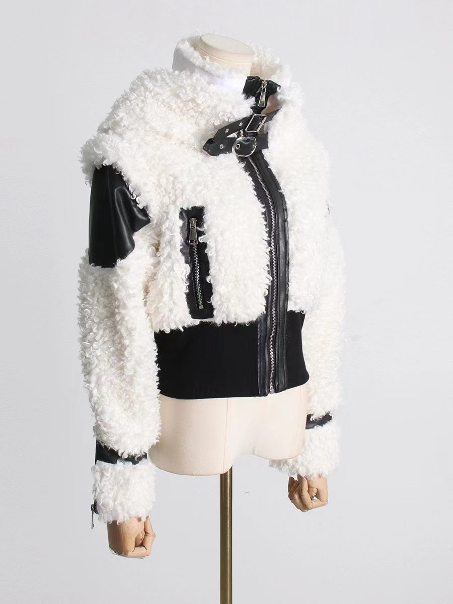 Women’s Lamb Wool Stitching PU Leather Zipper Jacket