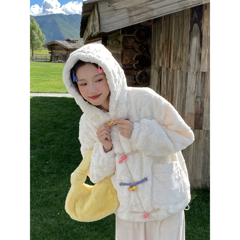 White Lamb Wool Coat For Women Thickened Short - Beige Thickened / S