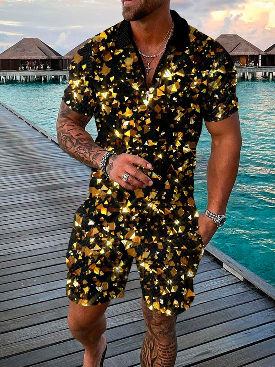 Men’s Summer Fashion 3D Printed Short Sleeve Geometric Zip Lapel Shirt Set - Black yellow / S