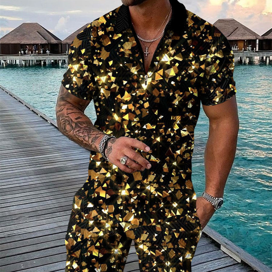 Men’s Summer Fashion 3D Printed Short Sleeve Geometric Zip Lapel Shirt Set