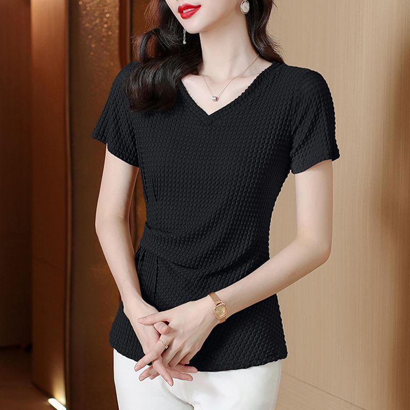 Knitted Ice Silk Short Sleeve T-shirt Women’s Summer - Black / M