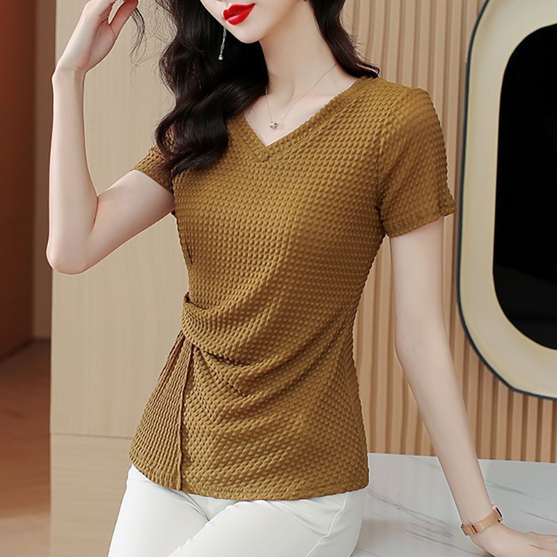 Knitted Ice Silk Short Sleeve T-shirt Women’s Summer - Yellow / M