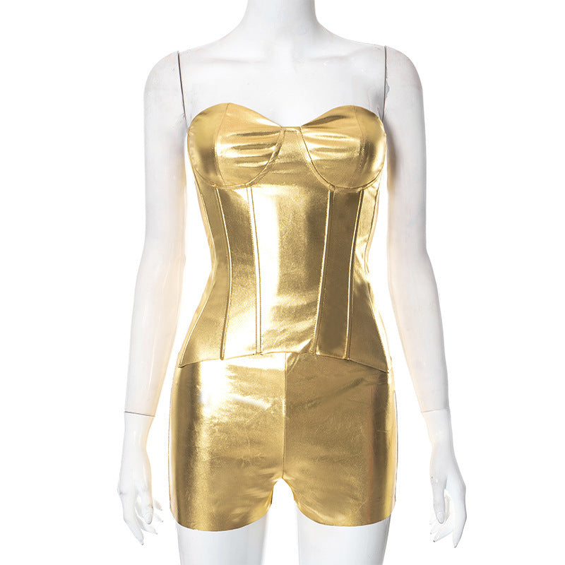 Faux Leather Metallic Body Shaping Tube Top Casual Shorts Two-piece Suit - Gold / S