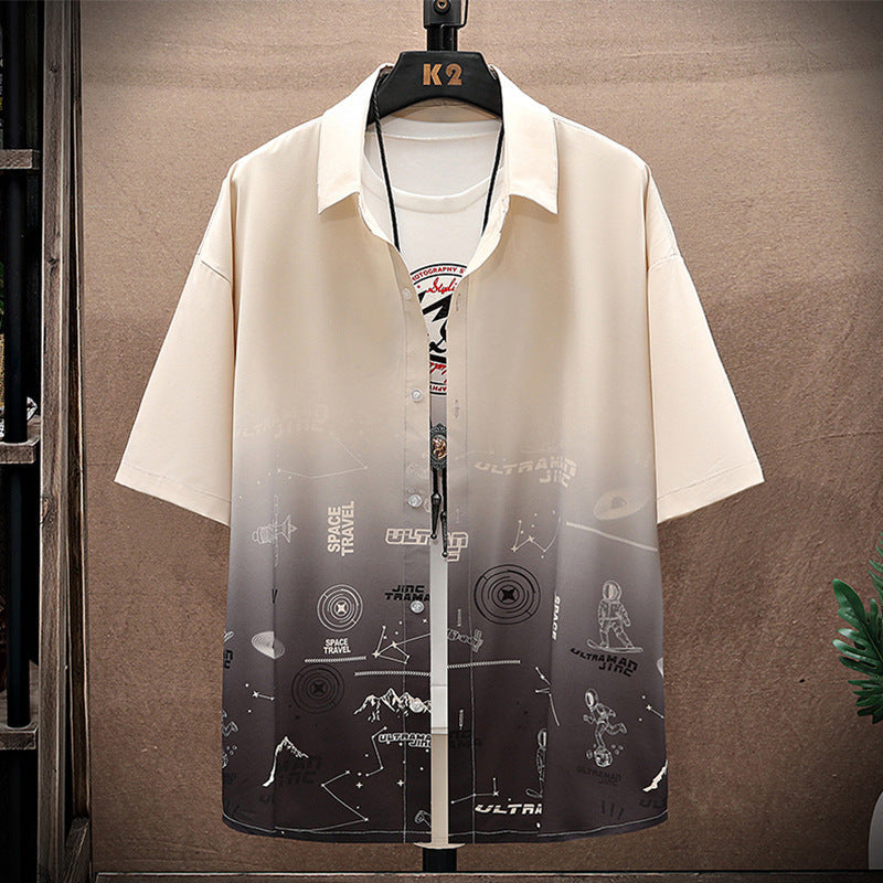 Summer Thin Ice Silk Shirt Loose Collar T-shirt Fattening Type Fat Man - 2309 Apricot / M