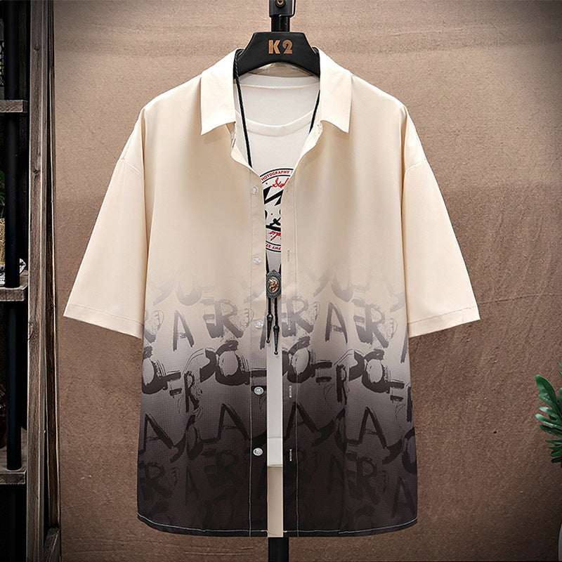 Summer Thin Ice Silk Shirt Loose Collar T-shirt Fattening Type Fat Man - 2310 Apricot / M