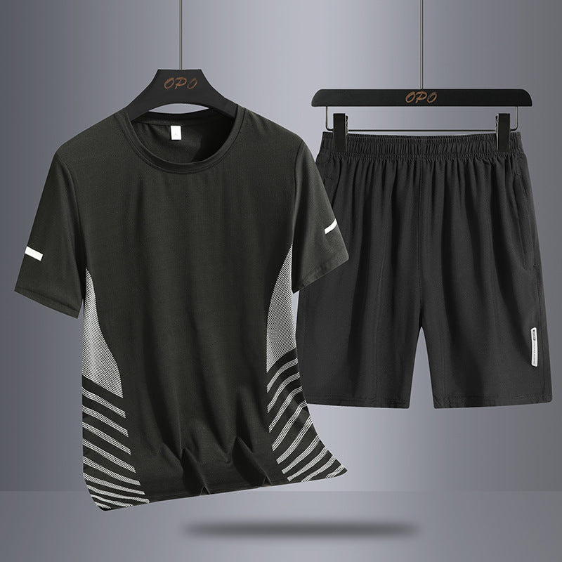 Summer Middle-aged And Elderly Men’s Suit Ice Silk Quick-drying Thin Round Neck T-shirt Loose Short Sleeve Shorts