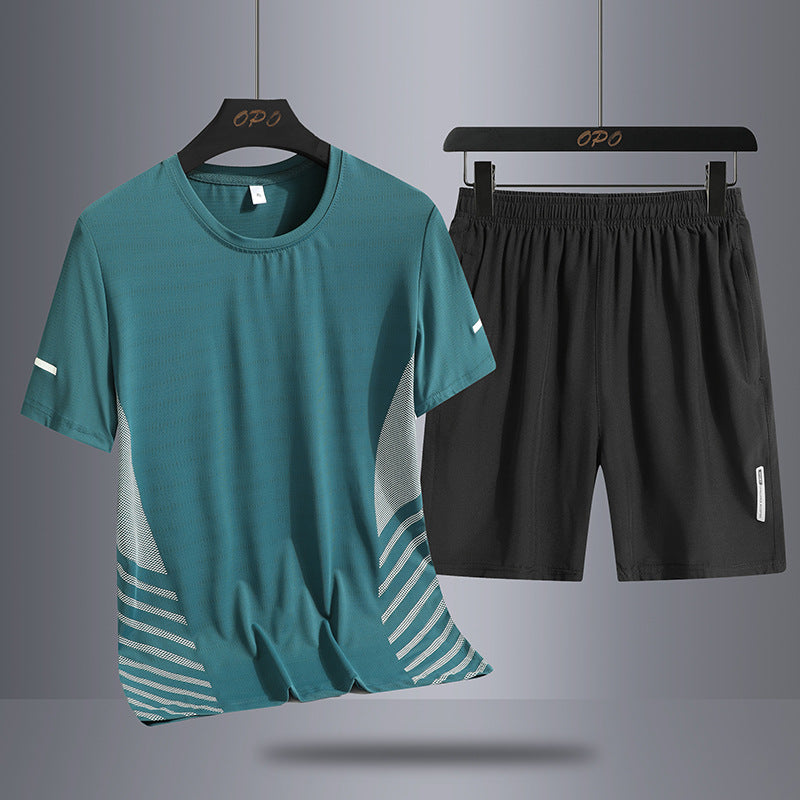 Summer Middle-aged And Elderly Men’s Suit Ice Silk Quick-drying Thin Round Neck T-shirt Loose Short Sleeve Shorts