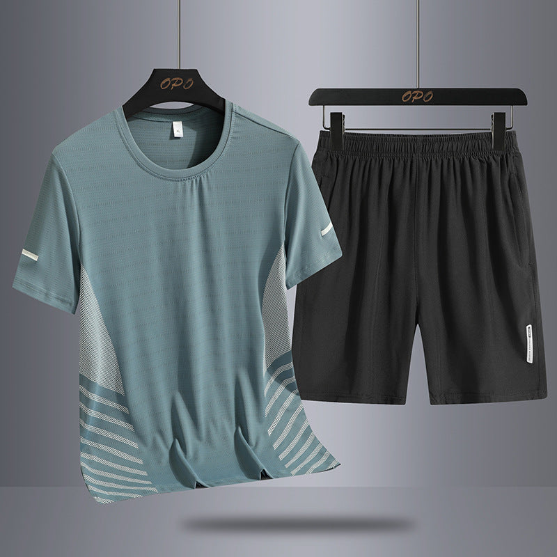 Summer Middle-aged And Elderly Men’s Suit Ice Silk Quick-drying Thin Round Neck T-shirt Loose Short Sleeve Shorts