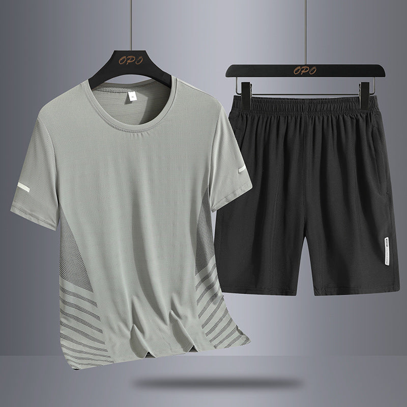 Summer Middle-aged And Elderly Men’s Suit Ice Silk Quick-drying Thin Round Neck T-shirt Loose Short Sleeve Shorts