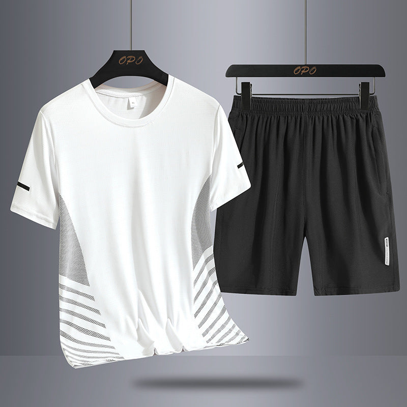 Summer Middle-aged And Elderly Men’s Suit Ice Silk Quick-drying Thin Round Neck T-shirt Loose Short Sleeve Shorts