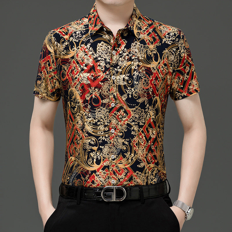 Summer Men’s Middle-aged Printed Shirt Short Sleeve Stretch Ice Silk Leisure - 121 Style Red / 165 M