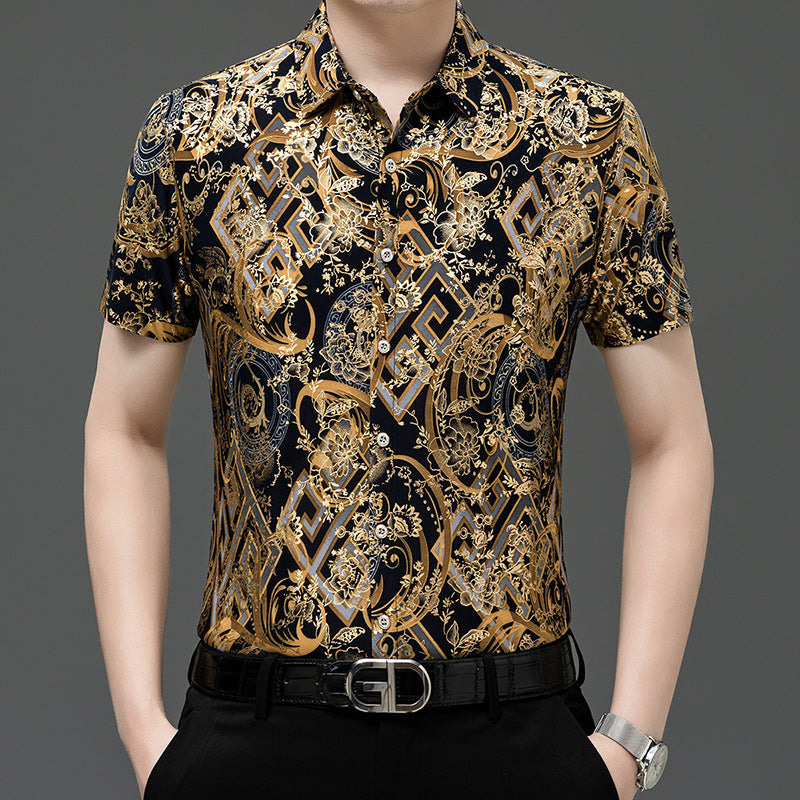 Summer Men’s Middle-aged Printed Shirt Short Sleeve Stretch Ice Silk Leisure - 121 Yellow / 165 M