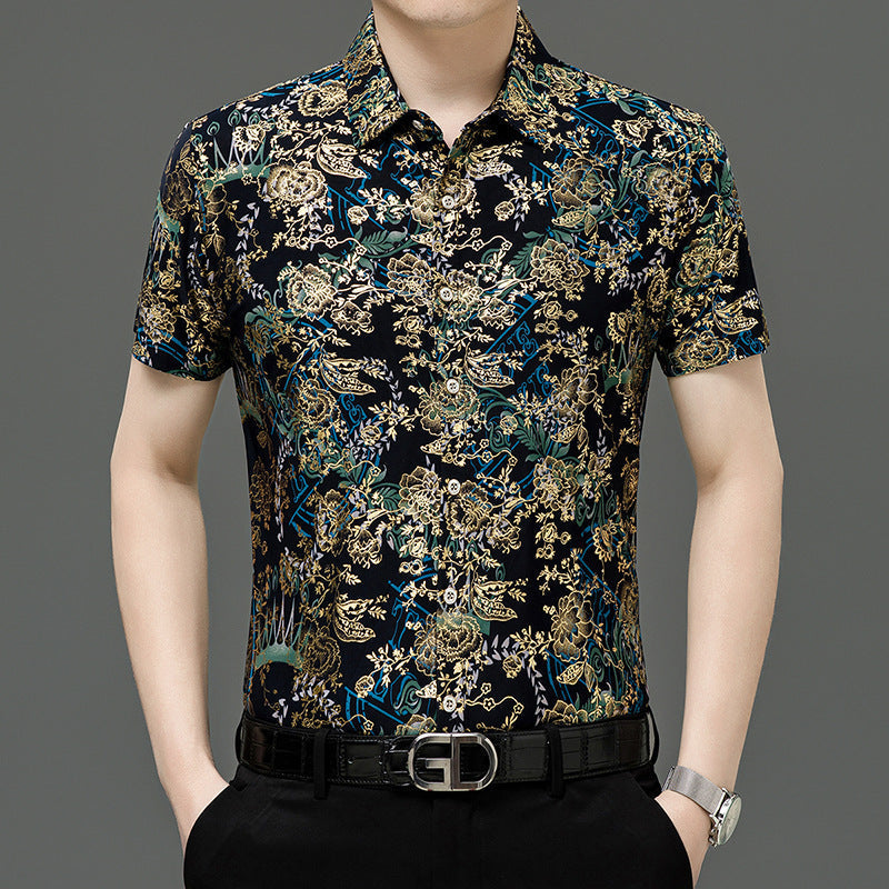 Summer Men’s Middle-aged Printed Shirt Short Sleeve Stretch Ice Silk Leisure - 122 Green / 165 M