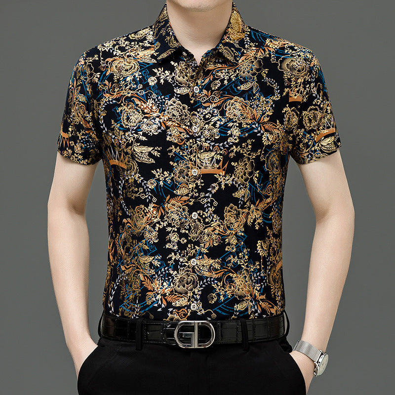 Summer Men’s Middle-aged Printed Shirt Short Sleeve Stretch Ice Silk Leisure - 122 Yellow / 165 M