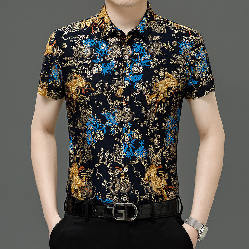 Summer Men’s Middle-aged Printed Shirt Short Sleeve Stretch Ice Silk Leisure - 123 Style Blue / 165 M