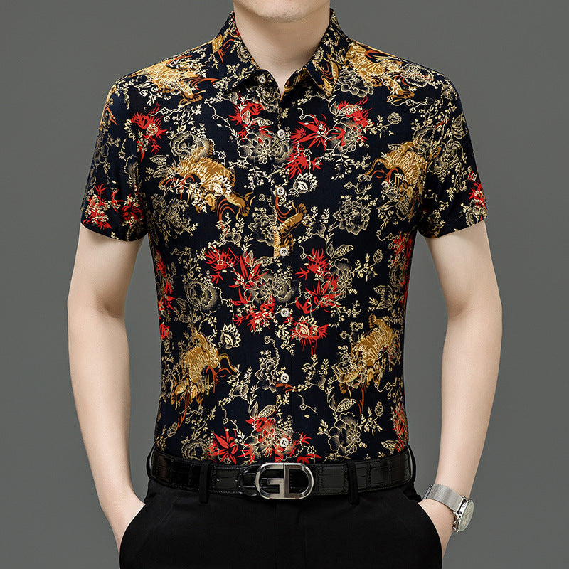 Summer Men’s Middle-aged Printed Shirt Short Sleeve Stretch Ice Silk Leisure - 123 Style Red / 165 M