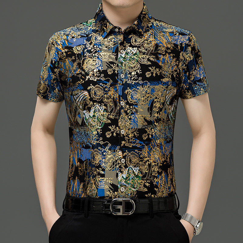 Summer Men’s Middle-aged Printed Shirt Short Sleeve Stretch Ice Silk Leisure - 124 Blue / 165 M