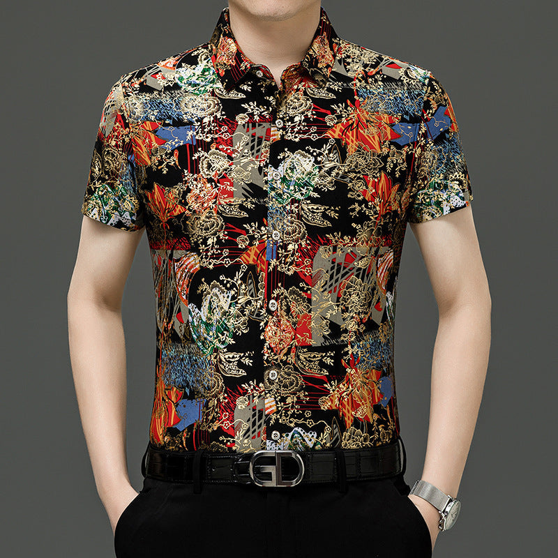 Summer Men’s Middle-aged Printed Shirt Short Sleeve Stretch Ice Silk Leisure - 124 Red / 165 M