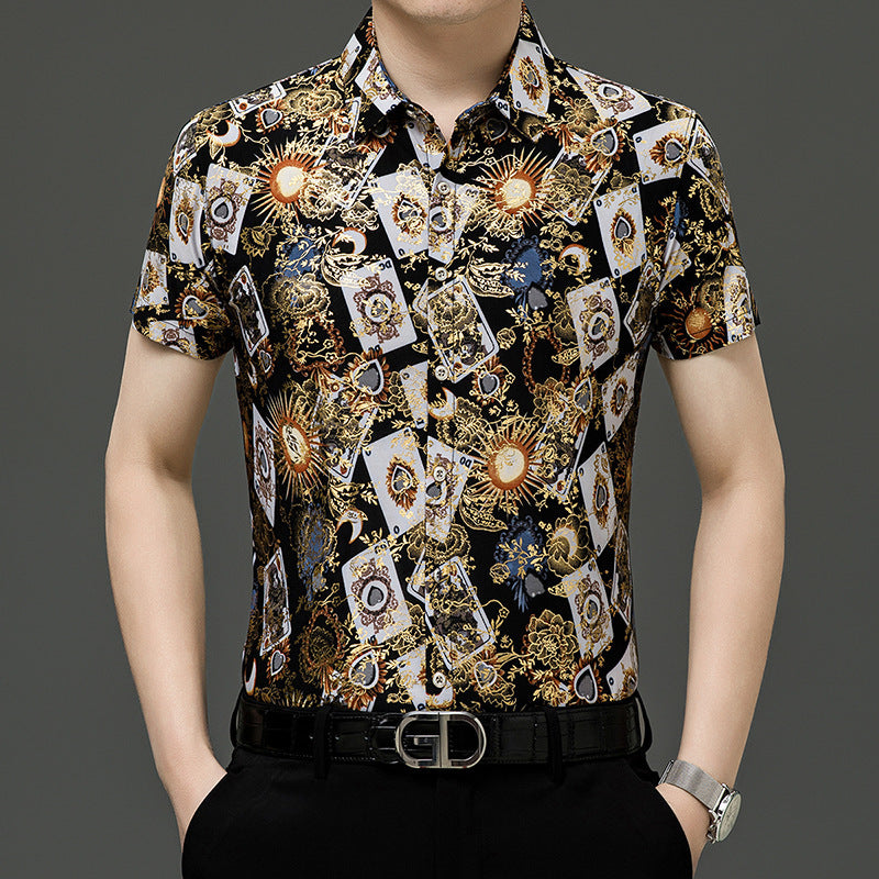 Summer Men’s Middle-aged Printed Shirt Short Sleeve Stretch Ice Silk Leisure - 125 Colors / 165 M