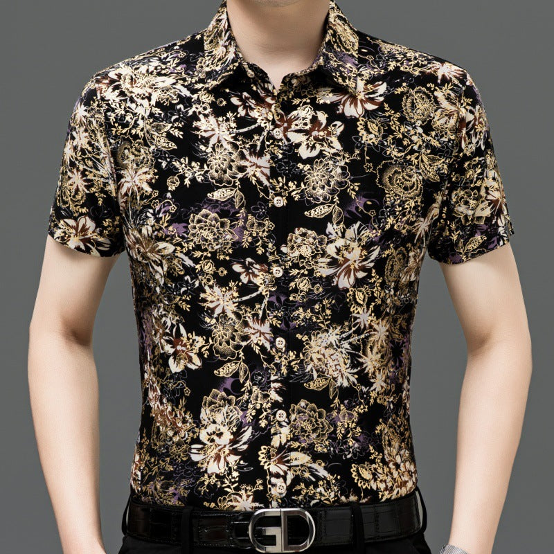 Summer Men’s Middle-aged Printed Shirt Short Sleeve Stretch Ice Silk Leisure - 127 Colors / 165 M