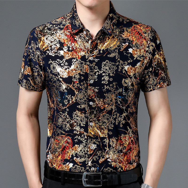 Summer Men’s Middle-aged Printed Shirt Short Sleeve Stretch Ice Silk Leisure