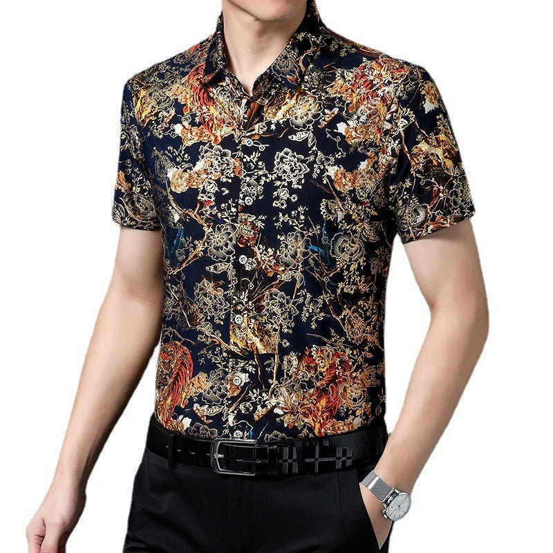 Summer Men’s Middle-aged Printed Shirt Short Sleeve Stretch Ice Silk Leisure