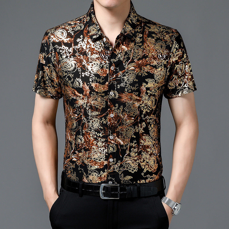 Summer Men’s Middle-aged Printed Shirt Short Sleeve Stretch Ice Silk Leisure