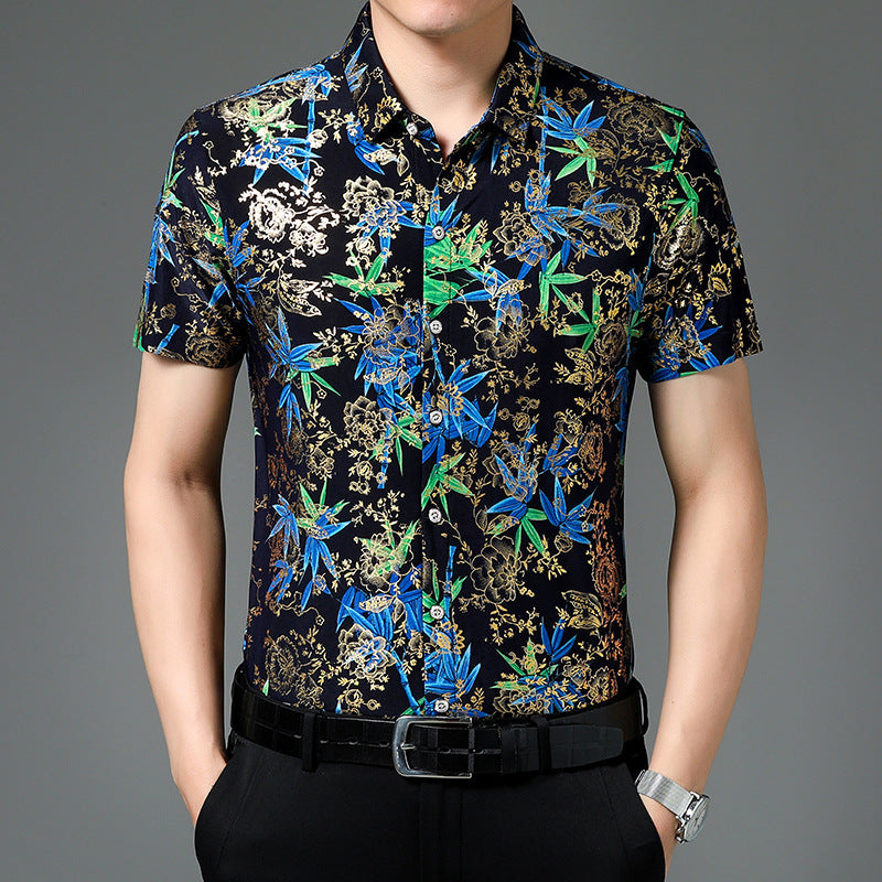 Summer Men’s Middle-aged Printed Shirt Short Sleeve Stretch Ice Silk Leisure - 708 Blue / 165 M