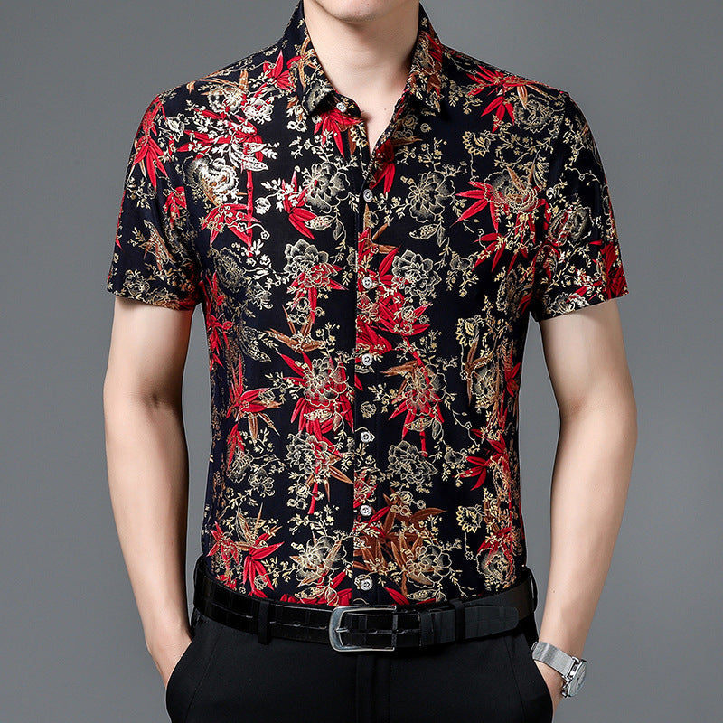 Summer Men’s Middle-aged Printed Shirt Short Sleeve Stretch Ice Silk Leisure - 708 Red / 165 M