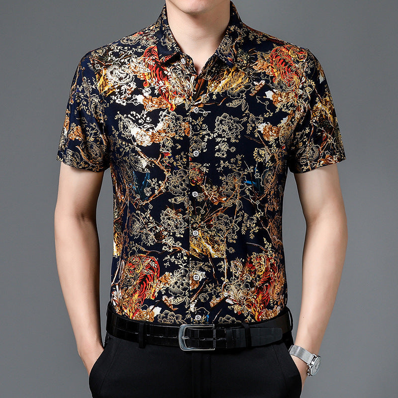 Summer Men’s Middle-aged Printed Shirt Short Sleeve Stretch Ice Silk Leisure - 709 Green / 165 M