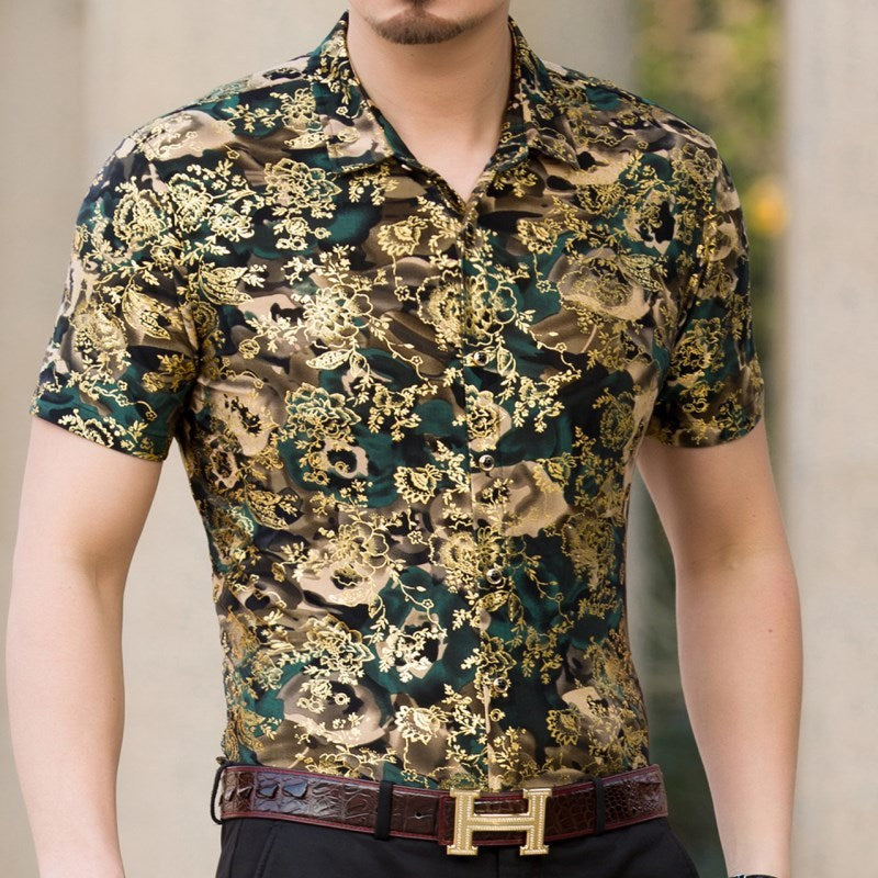 Summer Men’s Middle-aged Printed Shirt Short Sleeve Stretch Ice Silk Leisure - 925 Blue / 165 M
