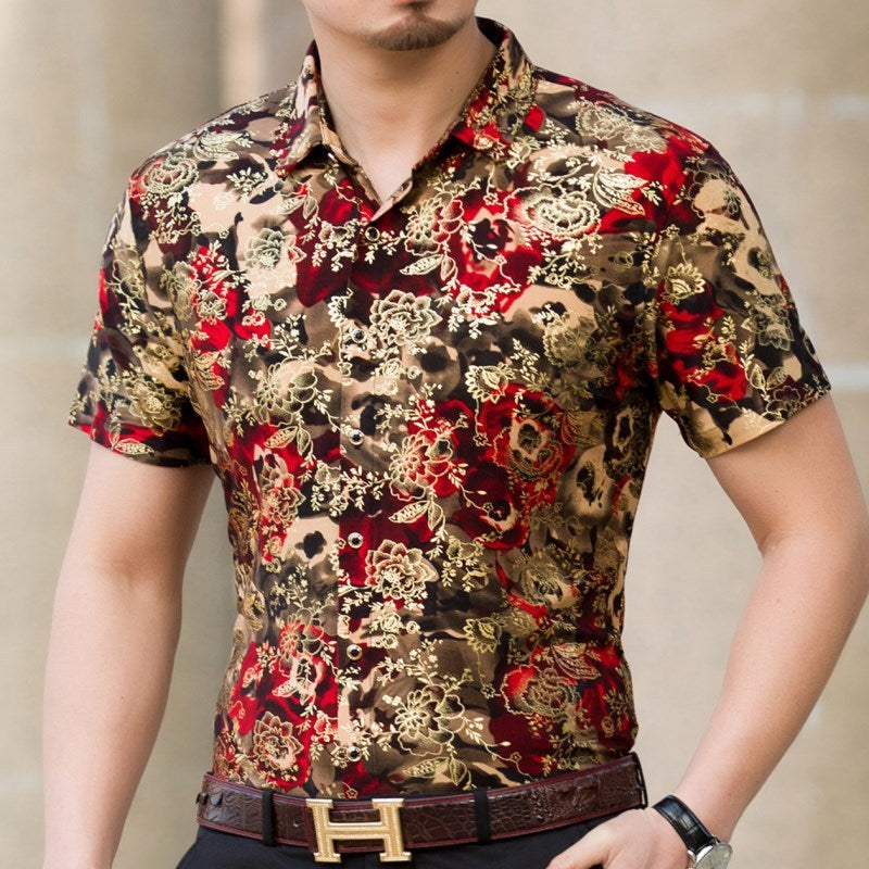 Summer Men’s Middle-aged Printed Shirt Short Sleeve Stretch Ice Silk Leisure - 925 Red / 165 M