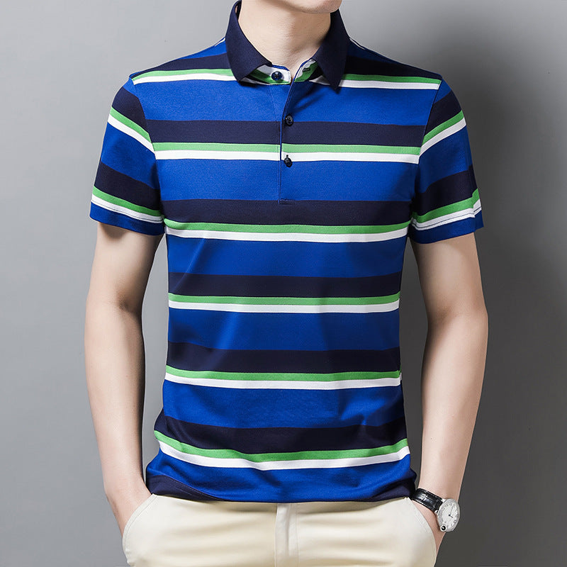 Short-sleeved Top Ice Silk Striped Half-sleeved Polo Shirt - Blue / 165