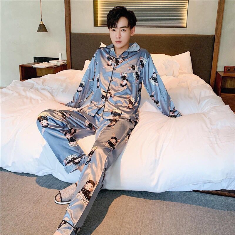 Ice Silk Thin Men’s Long-sleeved Pajama Suit