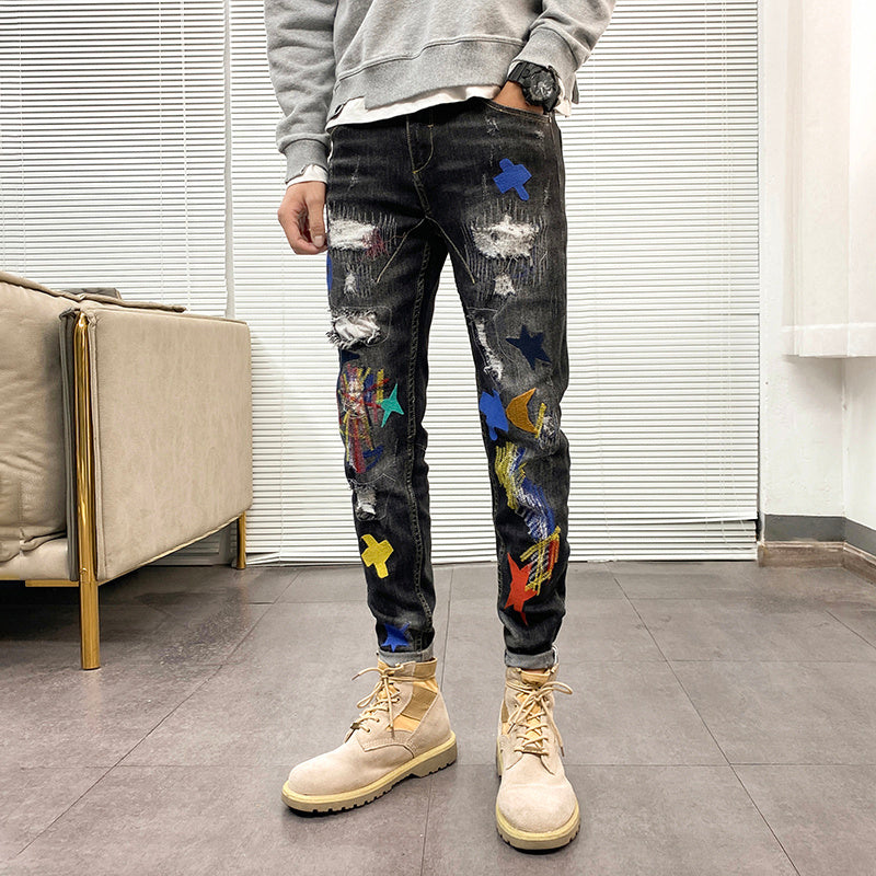 Ldle Embroidery Jeans Male Popular Logo Slim - Black pants / 30