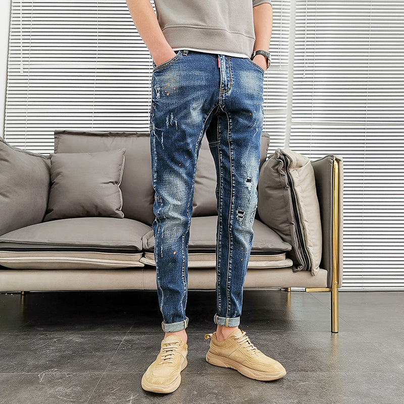 Ldle Embroidery Jeans Male Popular Logo Slim - Blue ink / 28