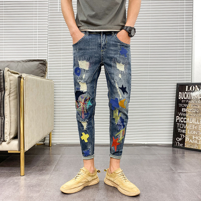 Ldle Embroidery Jeans Male Popular Logo Slim - Blue nine points / 33