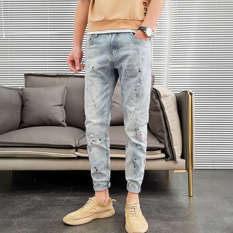 Ldle Embroidery Jeans Male Popular Logo Slim - Splash ink style / 34