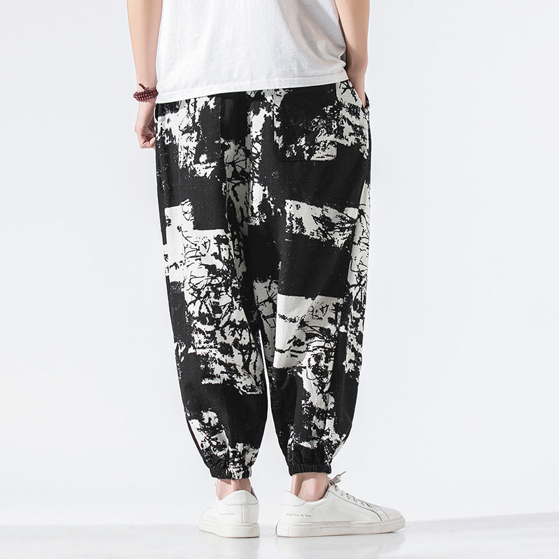 Chinese Style Cotton Linen Nine Point Loose Large Size Casual Pants - Black / 4XL