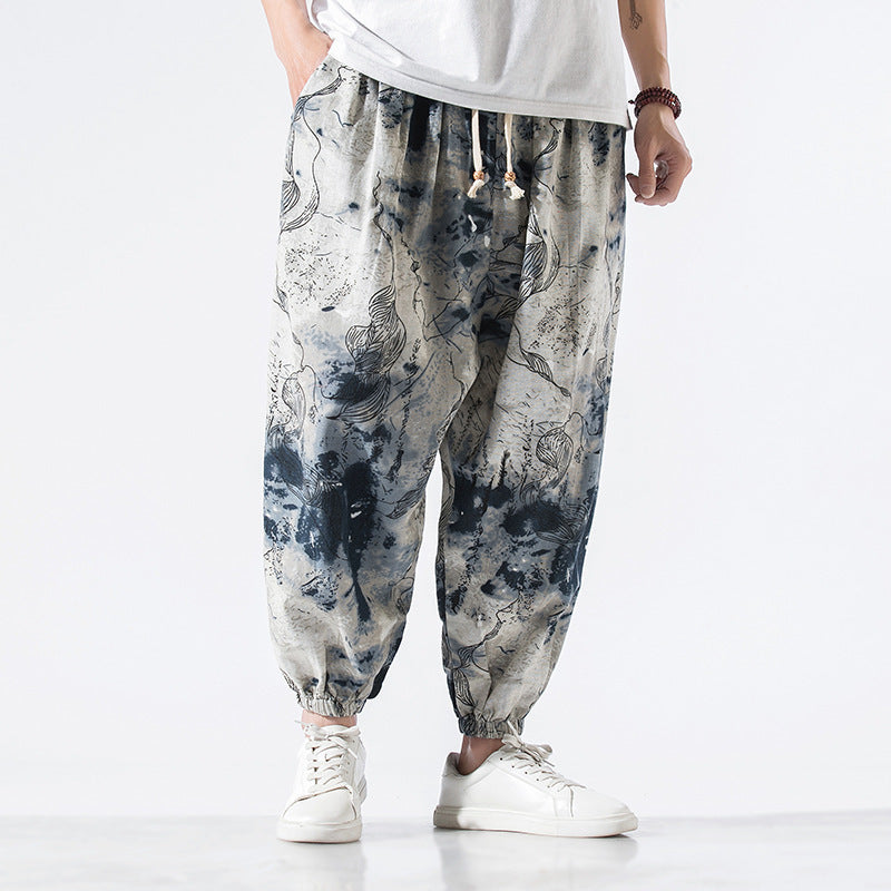 Chinese Style Cotton Linen Nine Point Loose Large Size Casual Pants - Blue / XXL